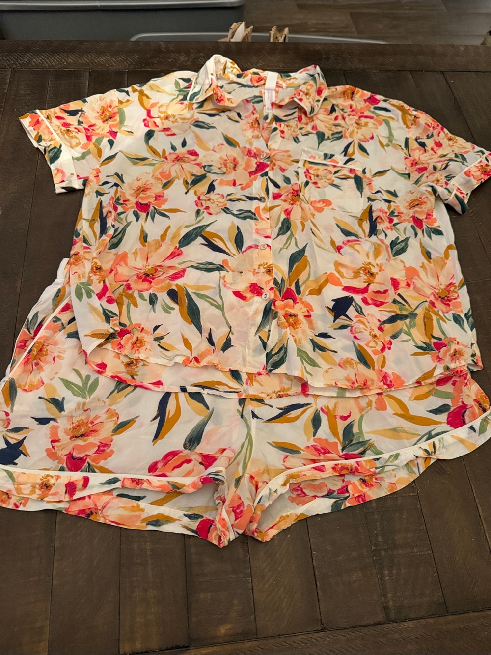 stars above Floral Short-Sleeve Button Pajama Set in Cream, Pink & Yellow